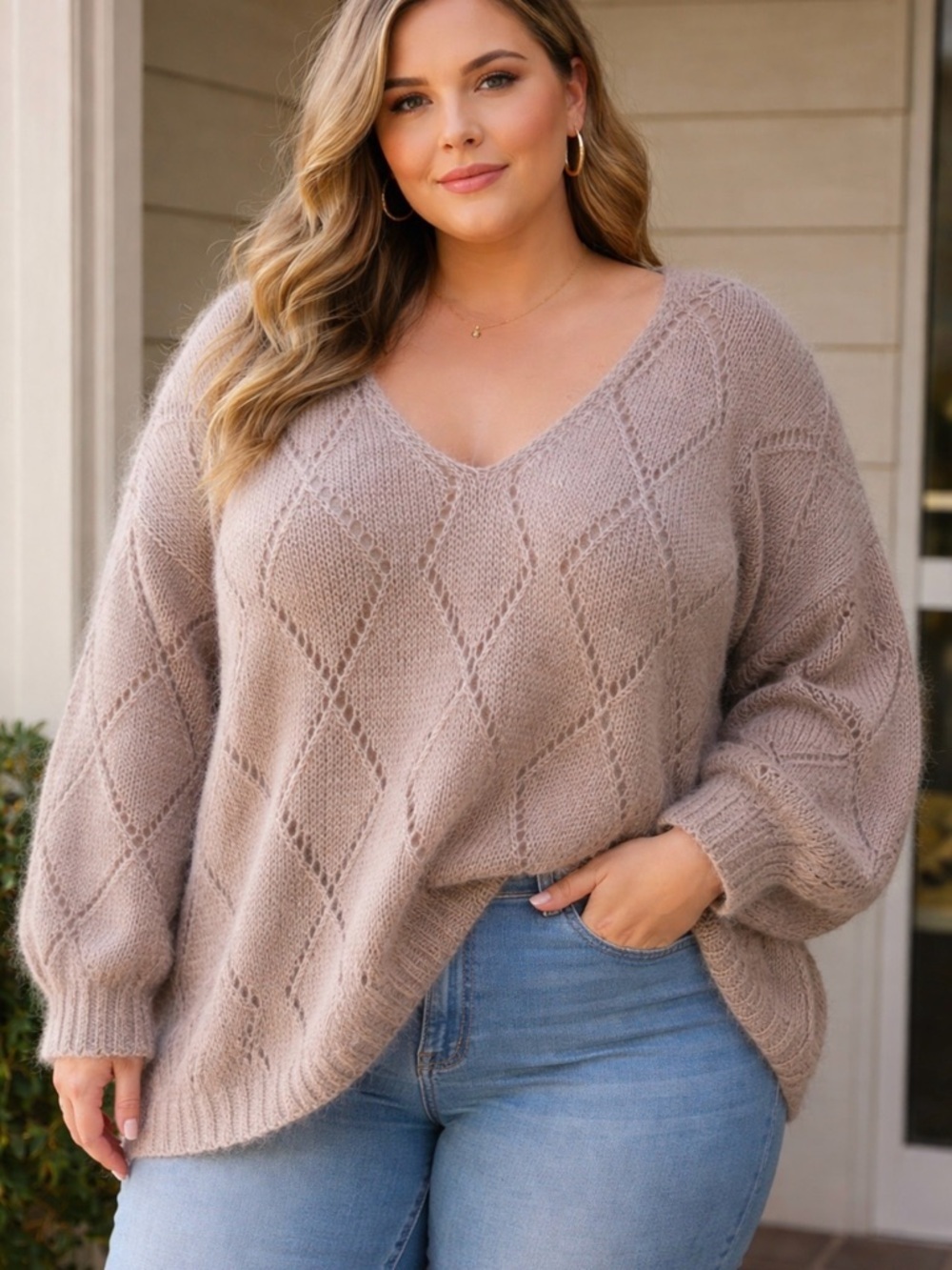 Hand Knit Mohair Silk Wool Blend Chic Taupe V-Neck Sweater